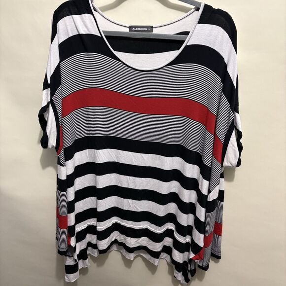 Tops - Alembika Jersey Knit Tunic Top Medium Red Black White Stripe  Lagenlook Artsy